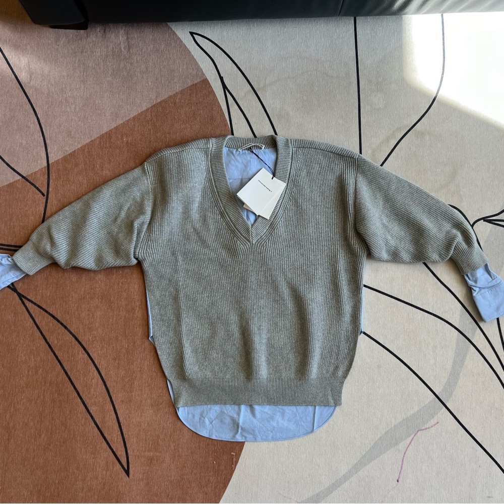 Alexanderwang.t bi-layered ribbed cotton blend V neck pullover w/oxford shirt